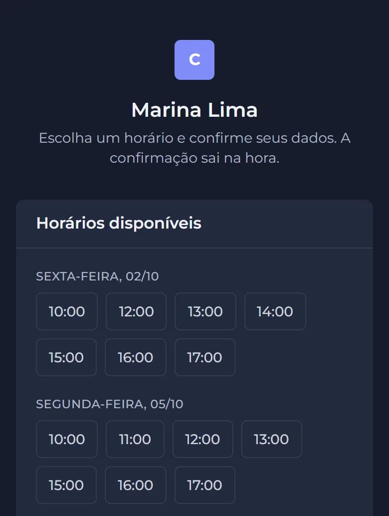 Página pública de agendamento no celular, com os horários livres de cada dia.
