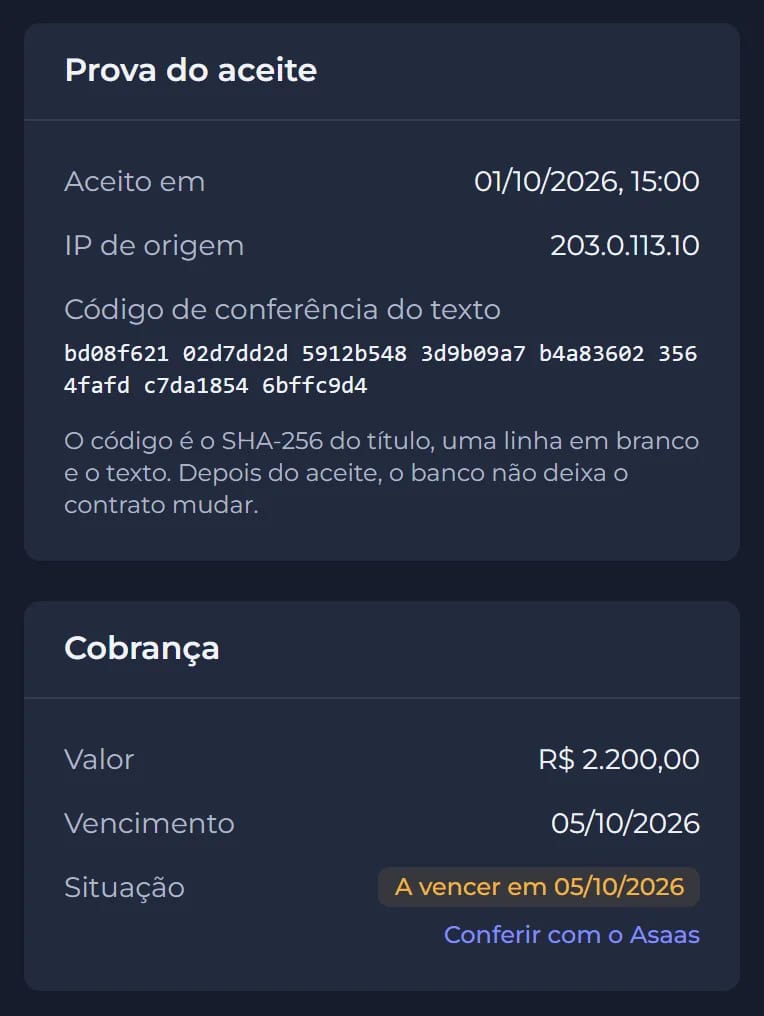 Prova do aceite de um contrato, com data, IP e código do texto, e a cobrança ligada a ele no Asaas.