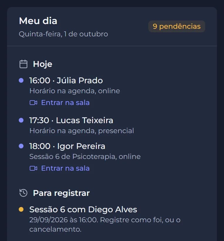 Meu dia da Cerne no celular: as sessões de hoje com o link da sala e as sessões que ficaram para registrar.