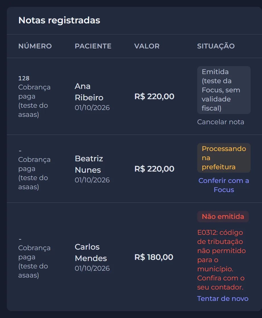 Notas fiscais em homologação na Focus NFe: emitida sem validade fiscal, processando e não emitida com o motivo.