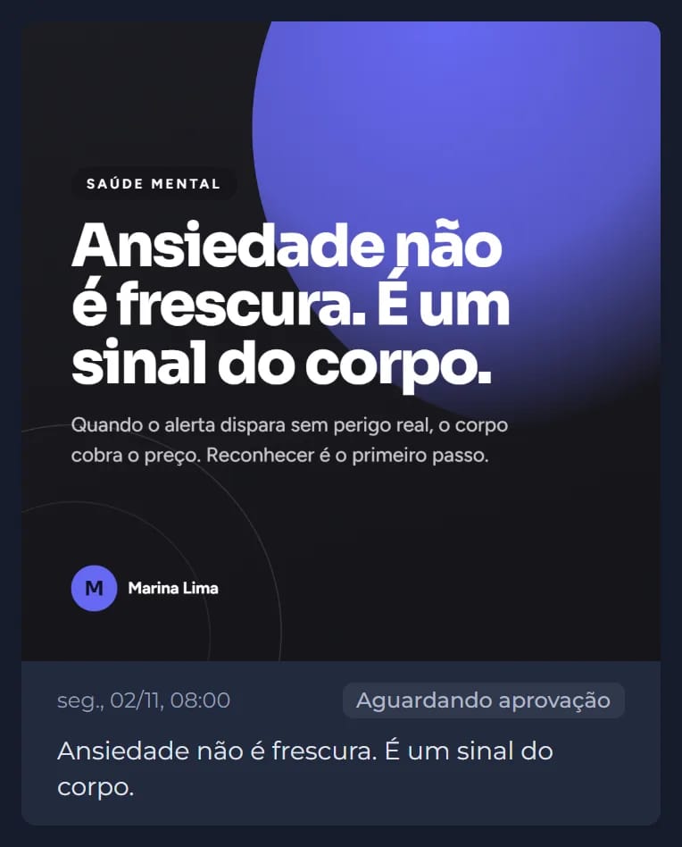 Post do plano do mês com a arte nas cores da marca, aguardando aprovação.