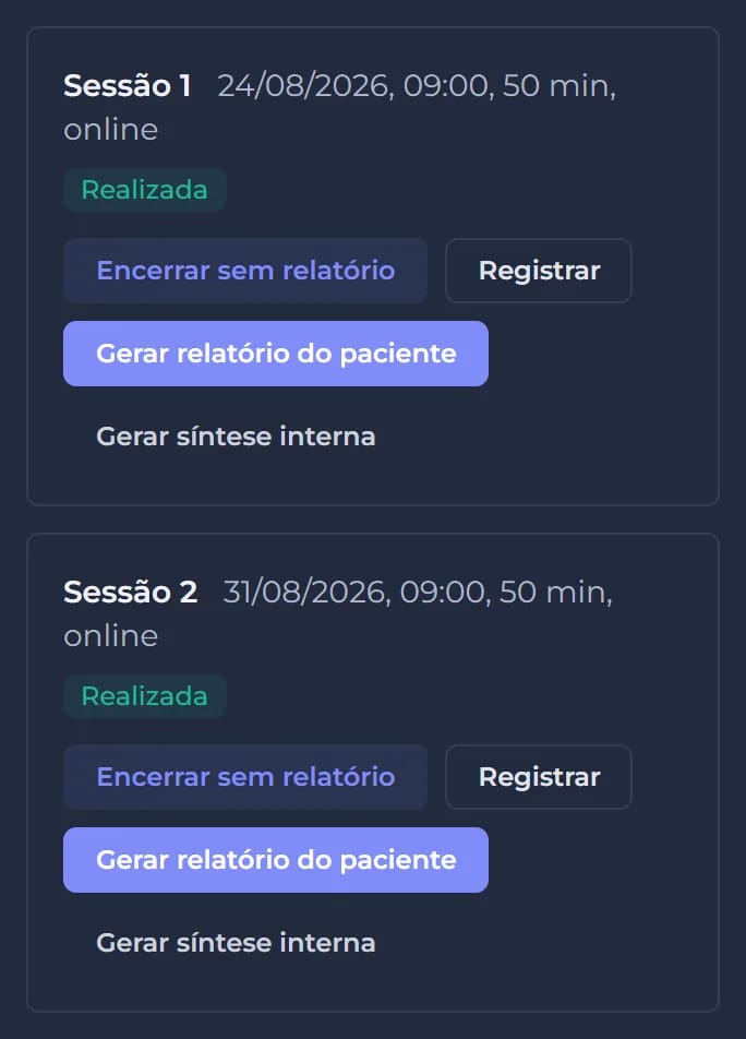 Sessões numeradas de um processo, com os botões de registrar e de gerar o relatório do paciente.